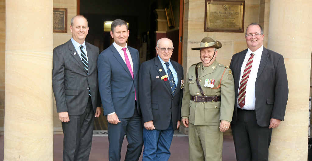 RIGHT: Colonel Chris Austin, Member for Southern Downs Lawrence Springborg, Warwick RSL Sub-Branch president John Skinner, Lieutenant Colonel Michael Thomas and Southern Downs Mayor Peter Blundell at the 100th anniversary of the March of the Dungarees.